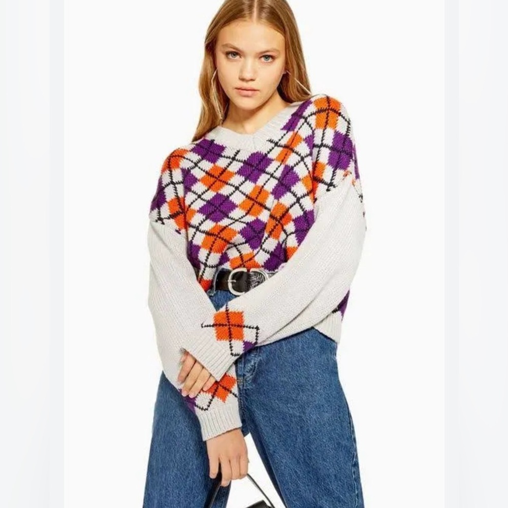 Topshop Women's Argyle Crop V Neck Sweater Size 8
